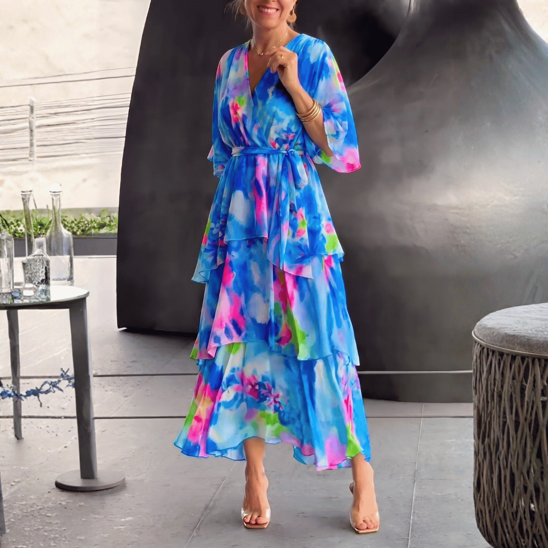 Abstract Print V Neck Tiered Ruffle Flowy Maxi Dress