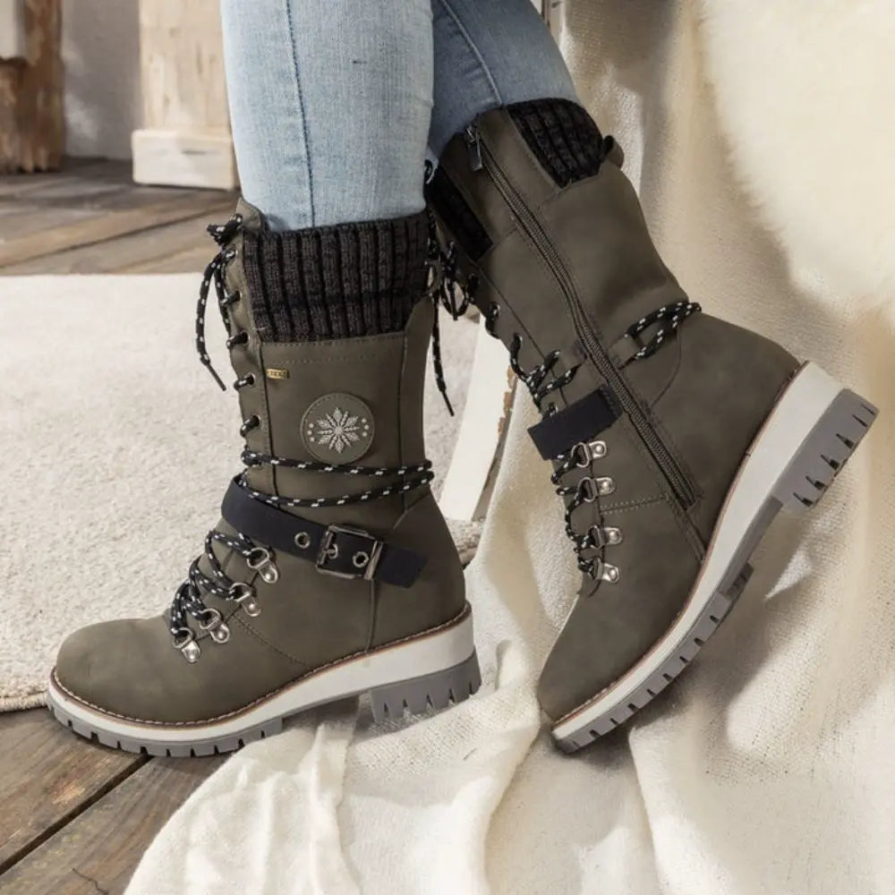 Wren | Women's Lace-Up Mid-Calf Combat Winter Boots with Knit Cuff