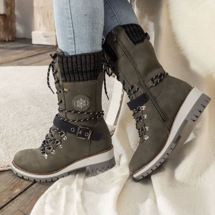 Wren | Women's Lace-Up Mid-Calf Combat Winter Boots with Knit Cuff