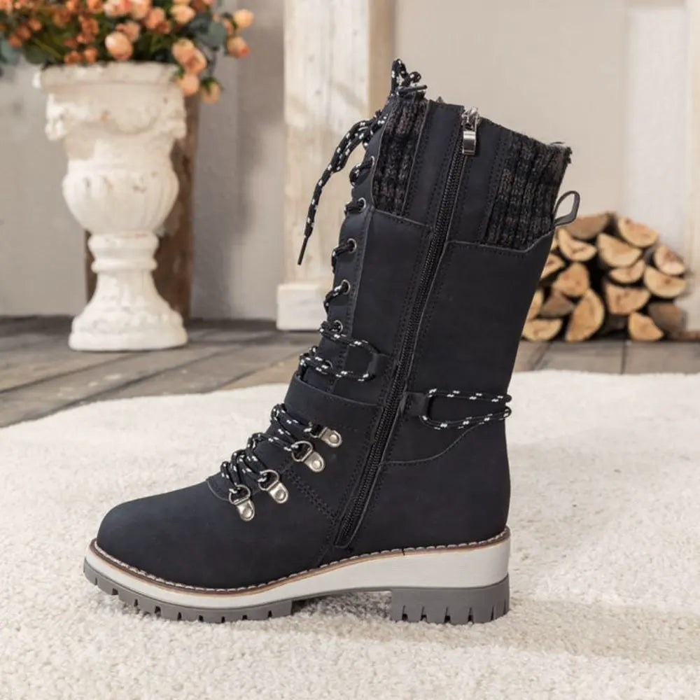 Wren | Women's Lace-Up Mid-Calf Combat Winter Boots with Knit Cuff
