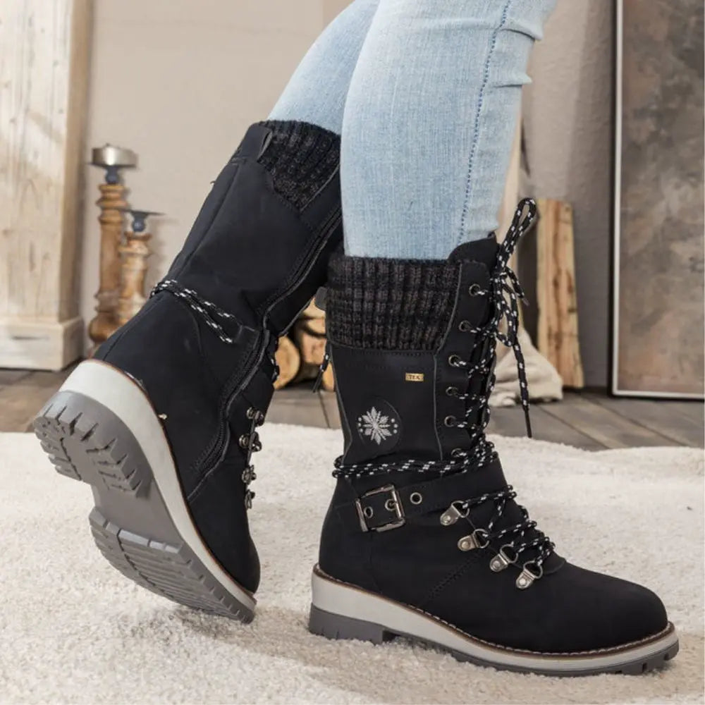 Wren | Women's Lace-Up Mid-Calf Combat Winter Boots with Knit Cuff