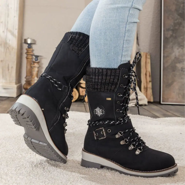 Wren | Women's Lace-Up Mid-Calf Combat Winter Boots with Knit Cuff