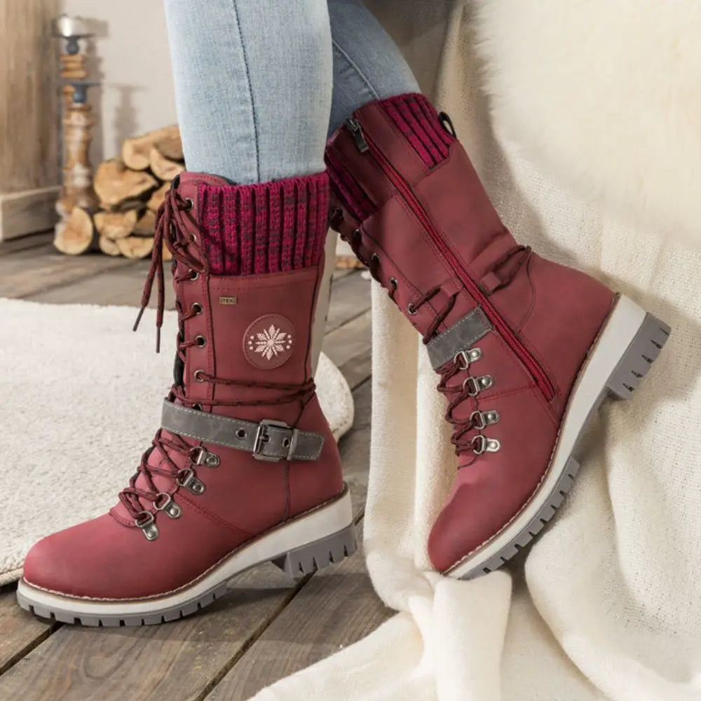 Wren | Women's Lace-Up Mid-Calf Combat Winter Boots with Knit Cuff