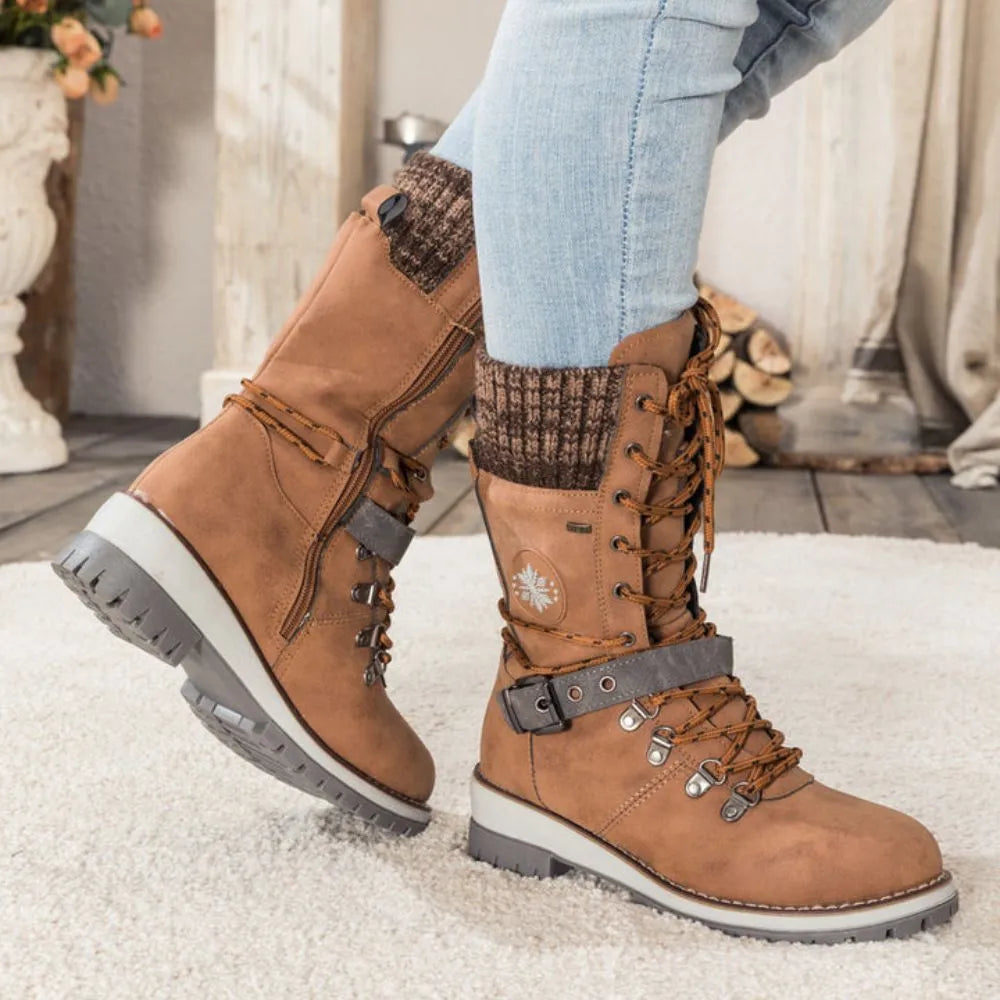 Wren | Women's Lace-Up Mid-Calf Combat Winter Boots with Knit Cuff