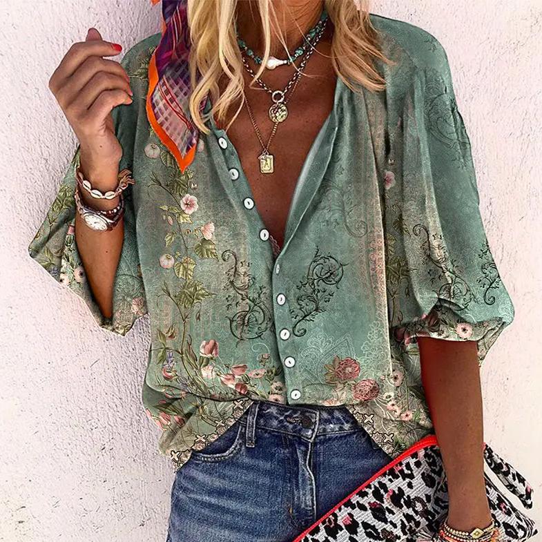 Boho Floral Print Button Up 3/4 Sleeve Summer Blouse