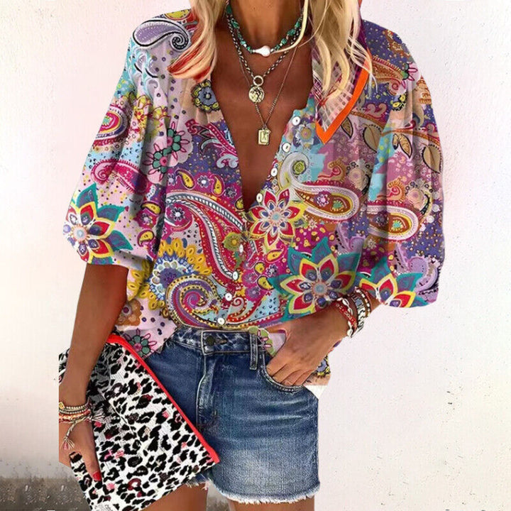 Boho Floral Print Button Up 3/4 Sleeve Summer Blouse