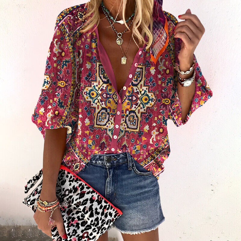 Boho Floral Print Button Up 3/4 Sleeve Summer Blouse