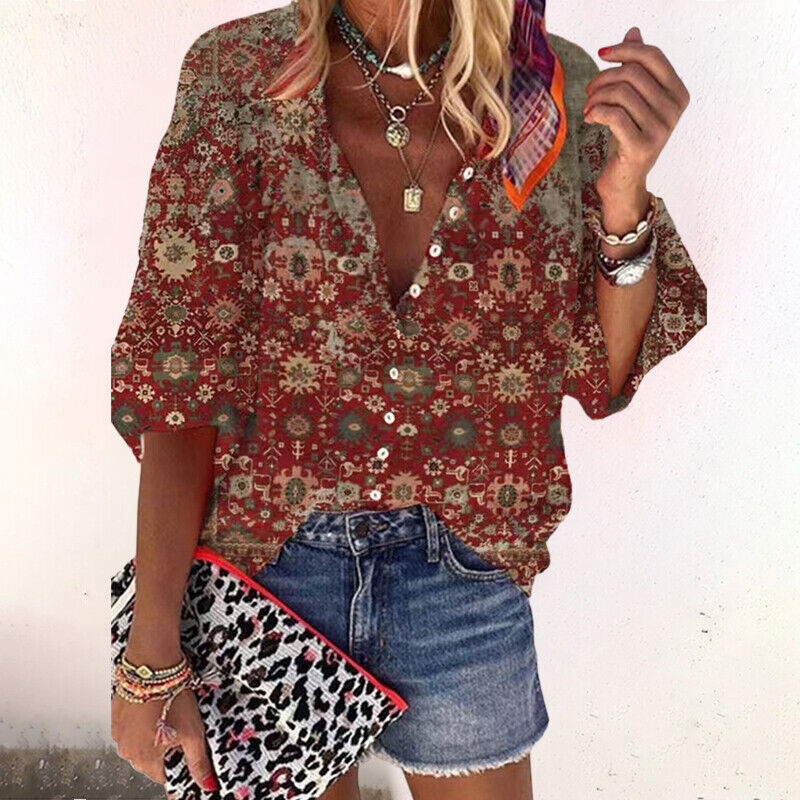 Boho Floral Print Button Up 3/4 Sleeve Summer Blouse