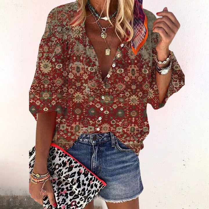 Boho Floral Print Button Up 3/4 Sleeve Summer Blouse