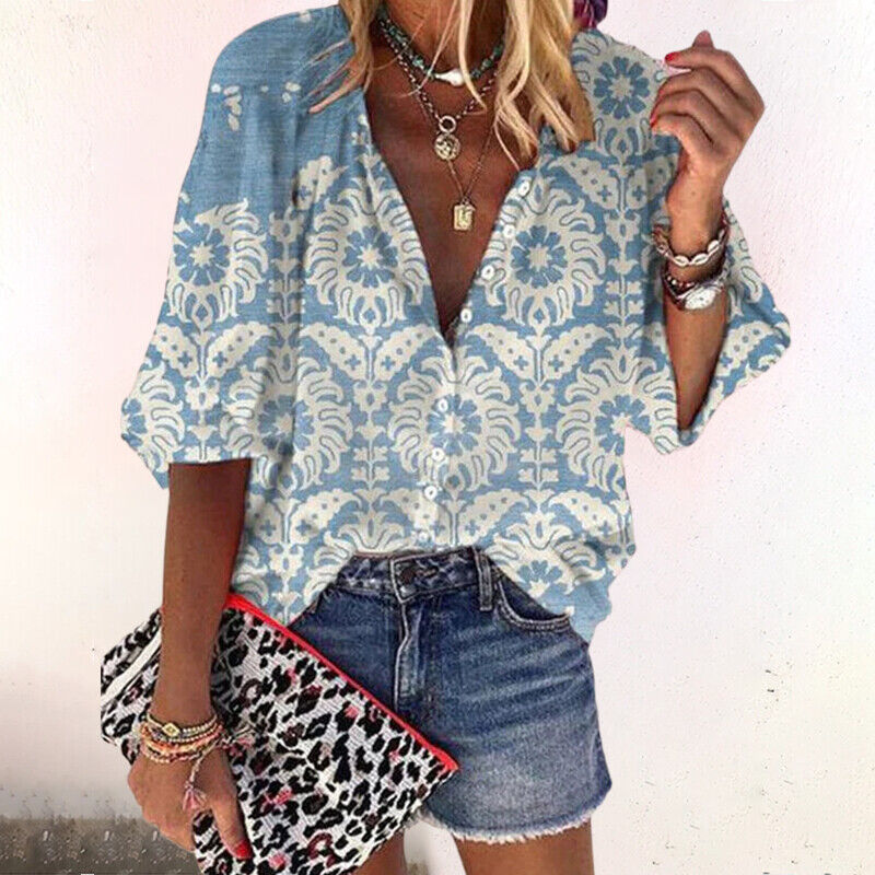 Boho Floral Print Button Up 3/4 Sleeve Summer Blouse