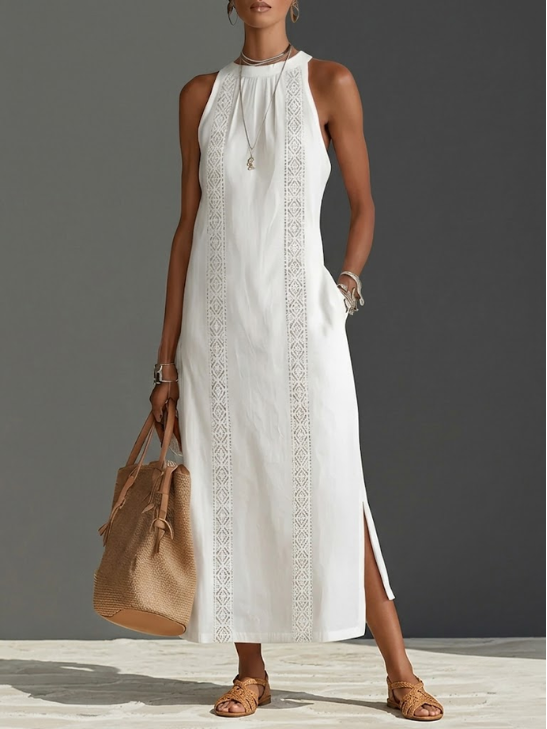 Geometric Lace Panel Mock Neck Sleeveless Side Slit Midi Dress