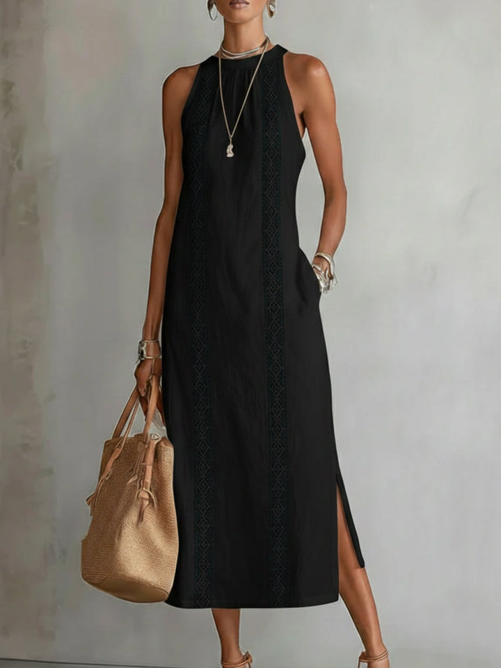 Geometric Lace Panel Mock Neck Sleeveless Side Slit Midi Dress