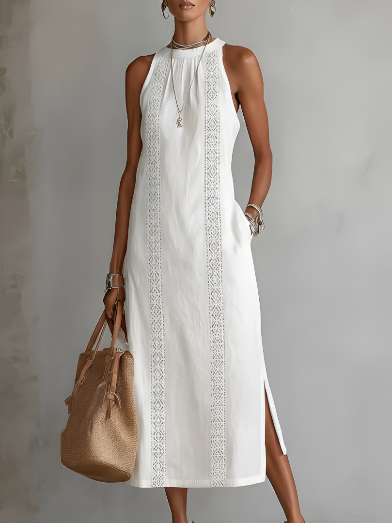 Geometric Lace Panel Mock Neck Sleeveless Side Slit Midi Dress