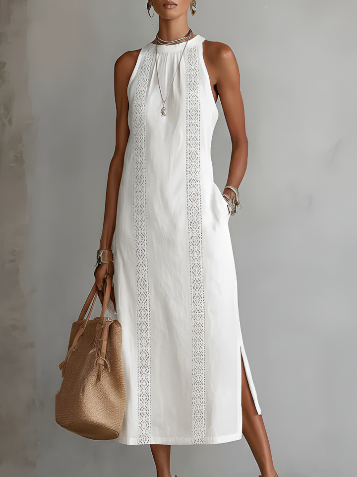 Geometric Lace Panel Mock Neck Sleeveless Side Slit Midi Dress