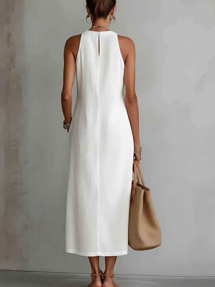 Geometric Lace Panel Mock Neck Sleeveless Side Slit Midi Dress