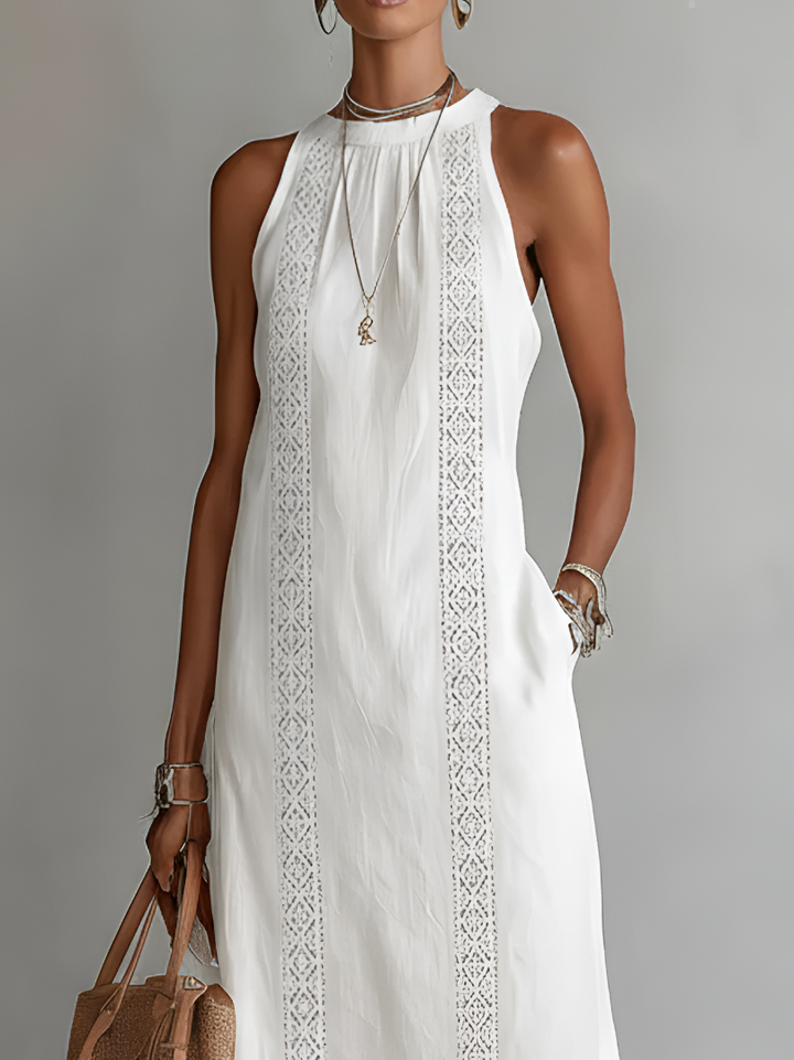 Geometric Lace Panel Mock Neck Sleeveless Side Slit Midi Dress