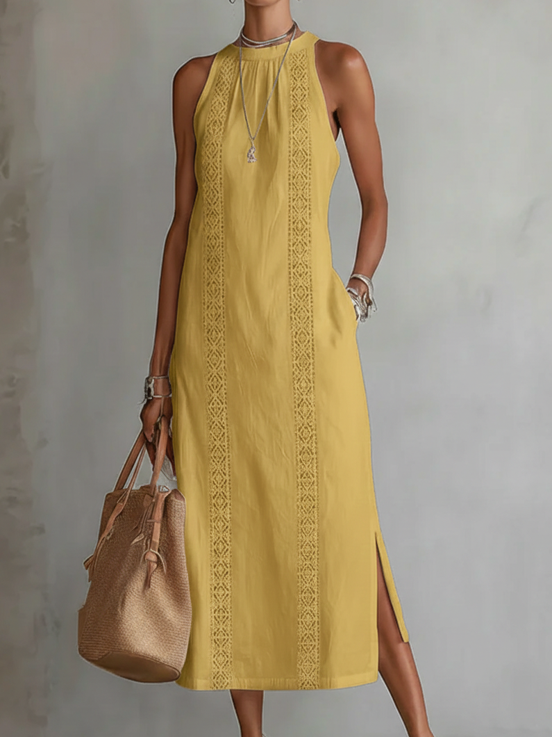Geometric Lace Panel Mock Neck Sleeveless Side Slit Midi Dress