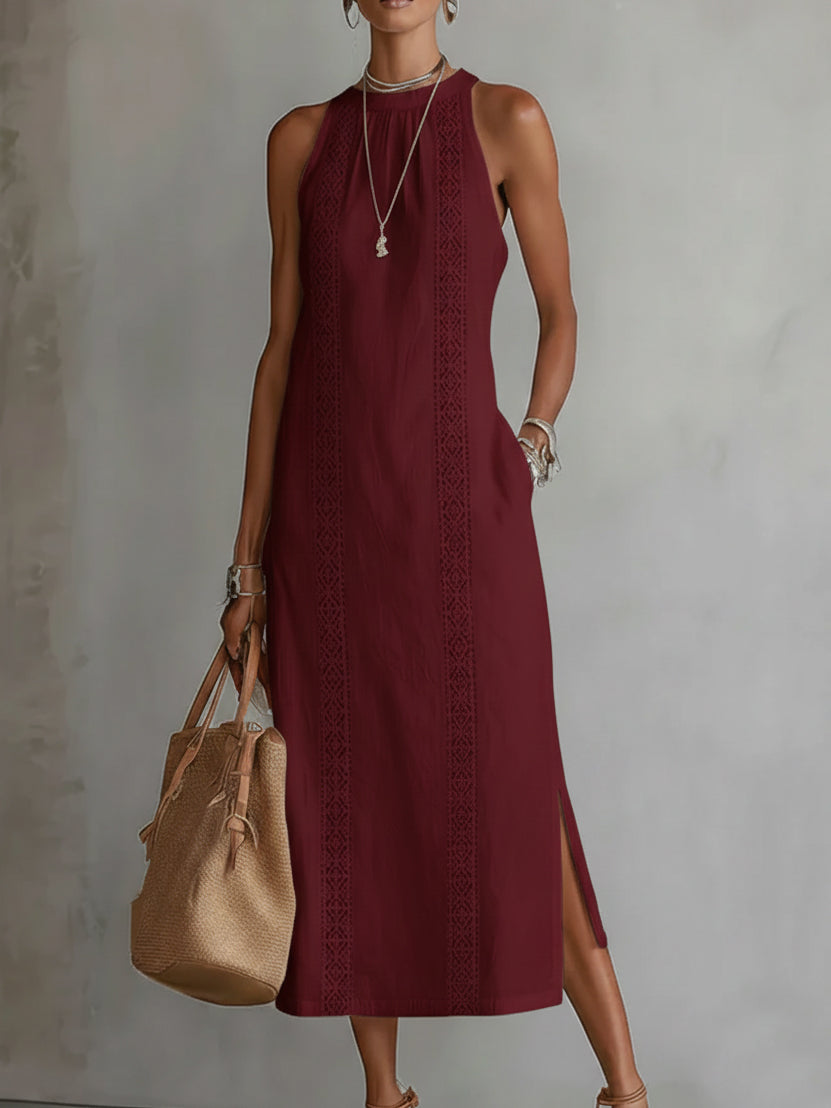 Geometric Lace Panel Mock Neck Sleeveless Side Slit Midi Dress