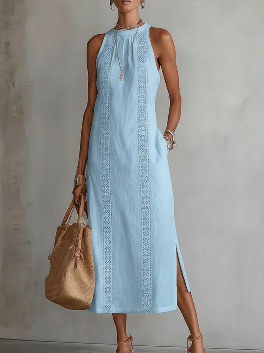 Geometric Lace Panel Mock Neck Sleeveless Side Slit Midi Dress