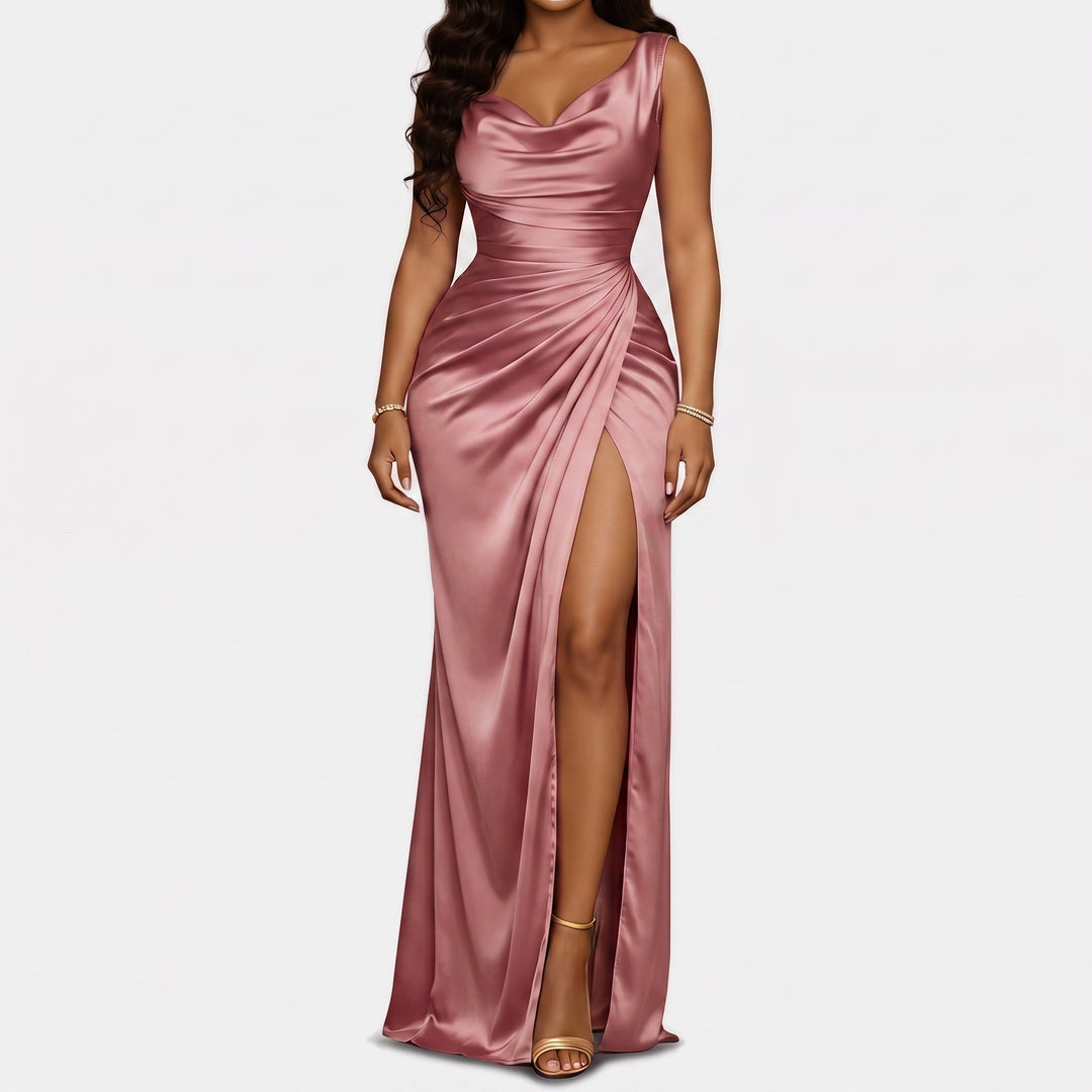 Valentina | Women's Cowl Neck Mermaid Satin High-Slit Homecoming Dress