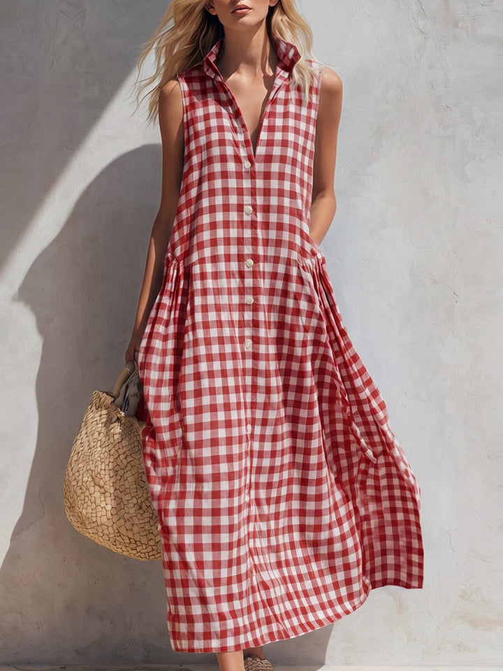 Gingham Check Collared Sleeveless Shirt Maxi Dress