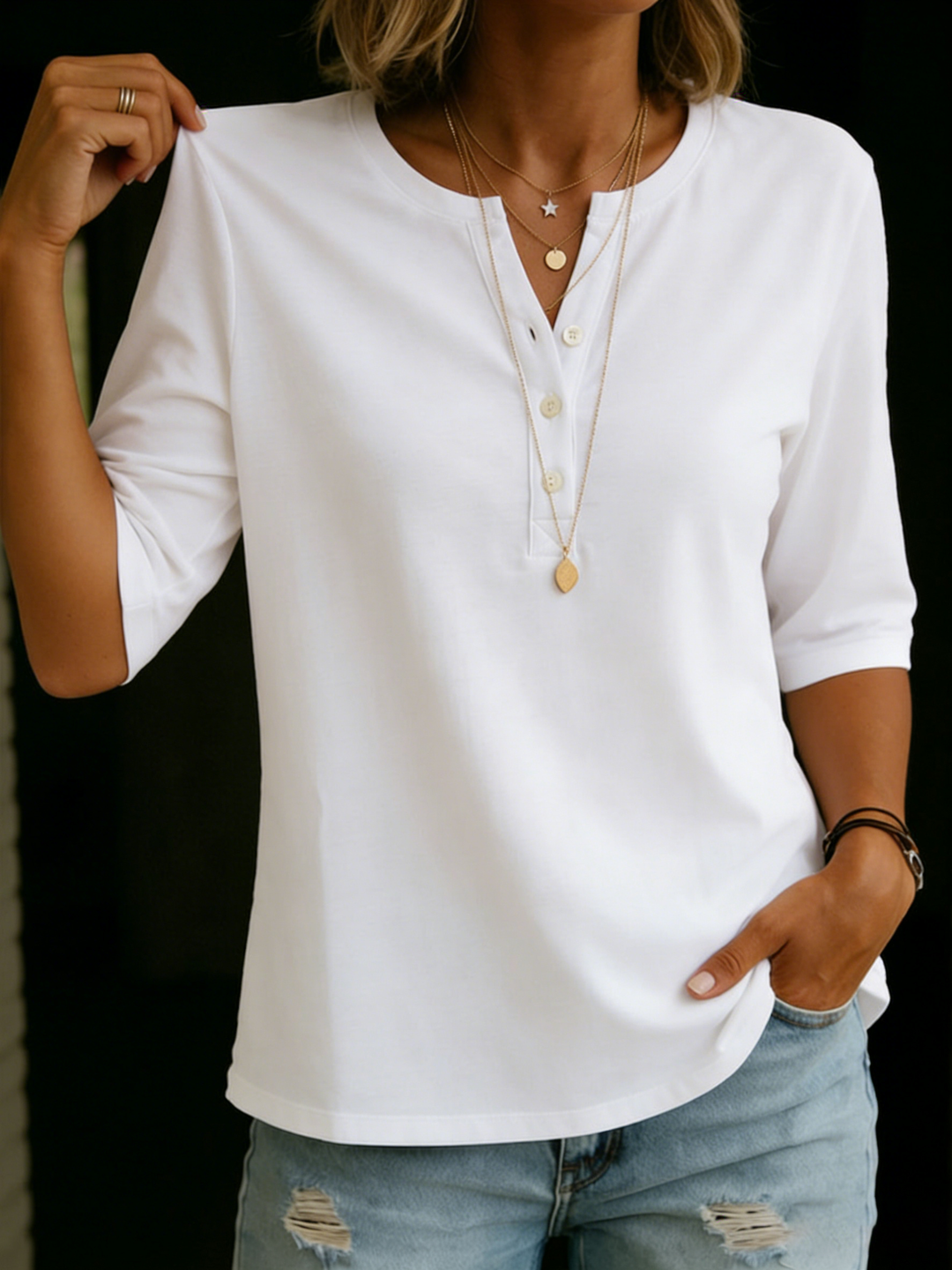 Notch Neck 3/4 Sleeve Relaxed Blouse