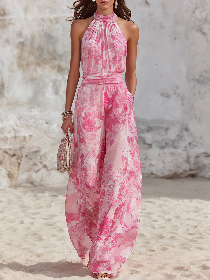 Abstract Print Halter Neck Wide Leg jumpsuit