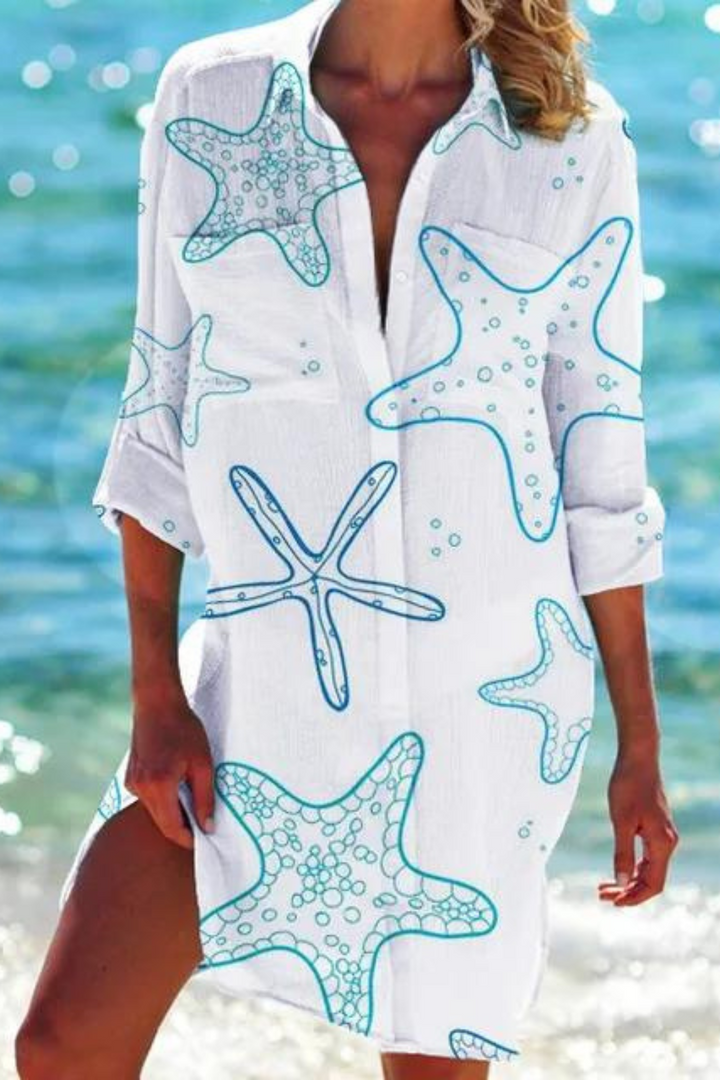 Seashell Coral Print Collared Button Down Beach Cover Up