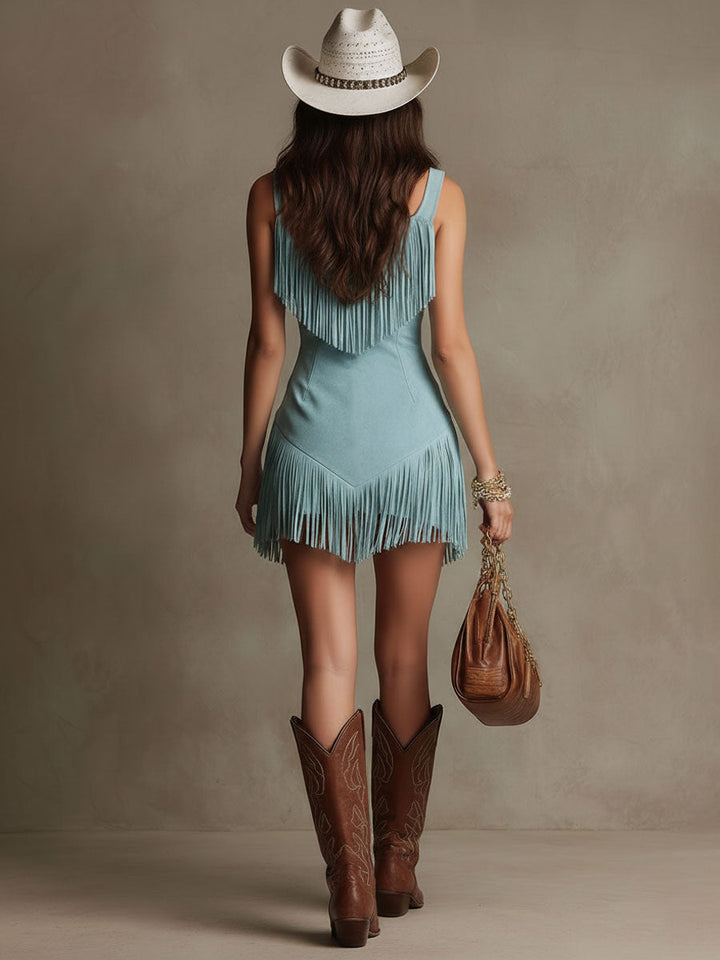 Fringe Trim Deep V-Neck Zip Front Suede Mini Dress