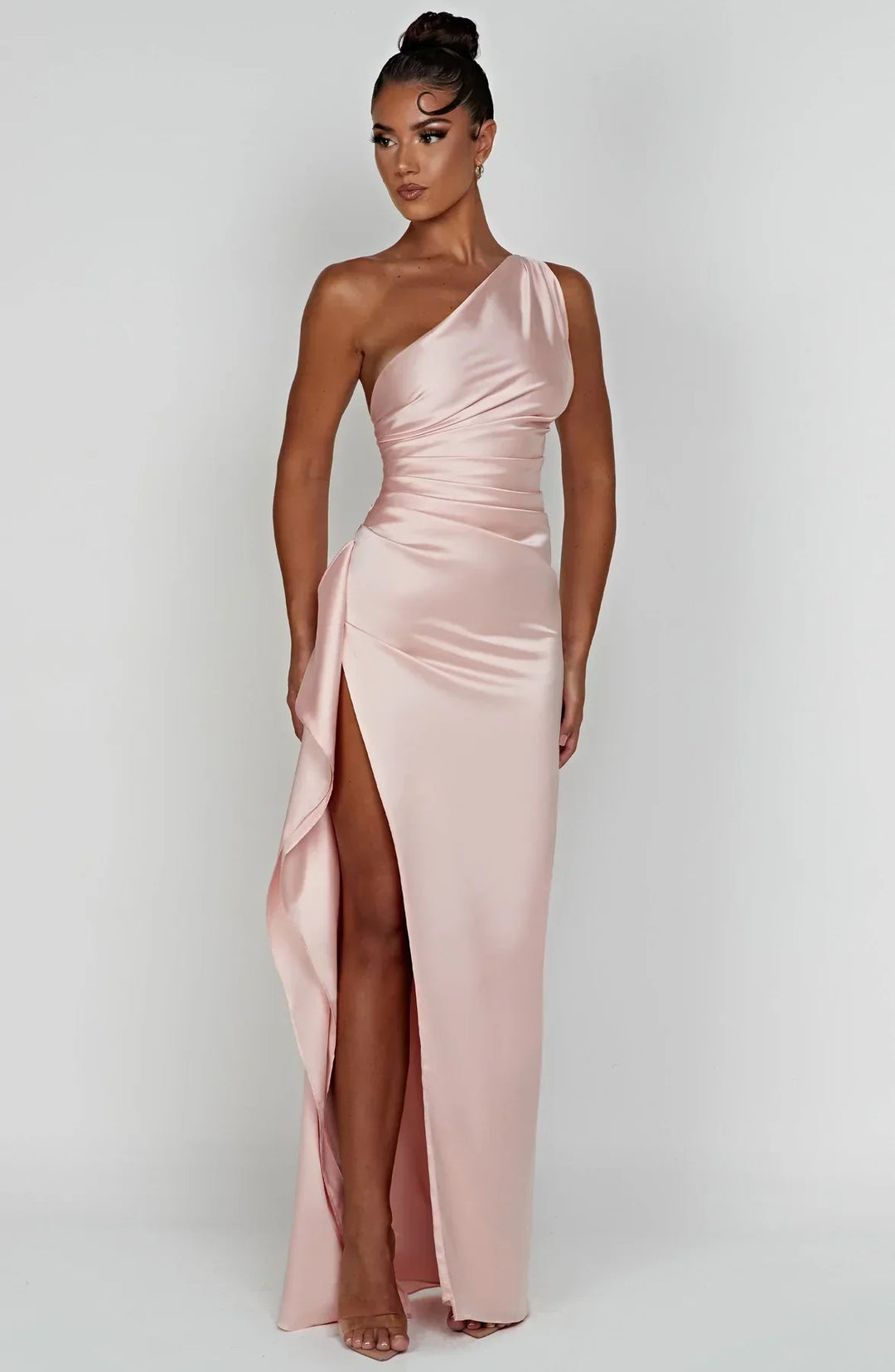 Ruched One Shoulder Satin Maxi Dress - Formal Evening Gown