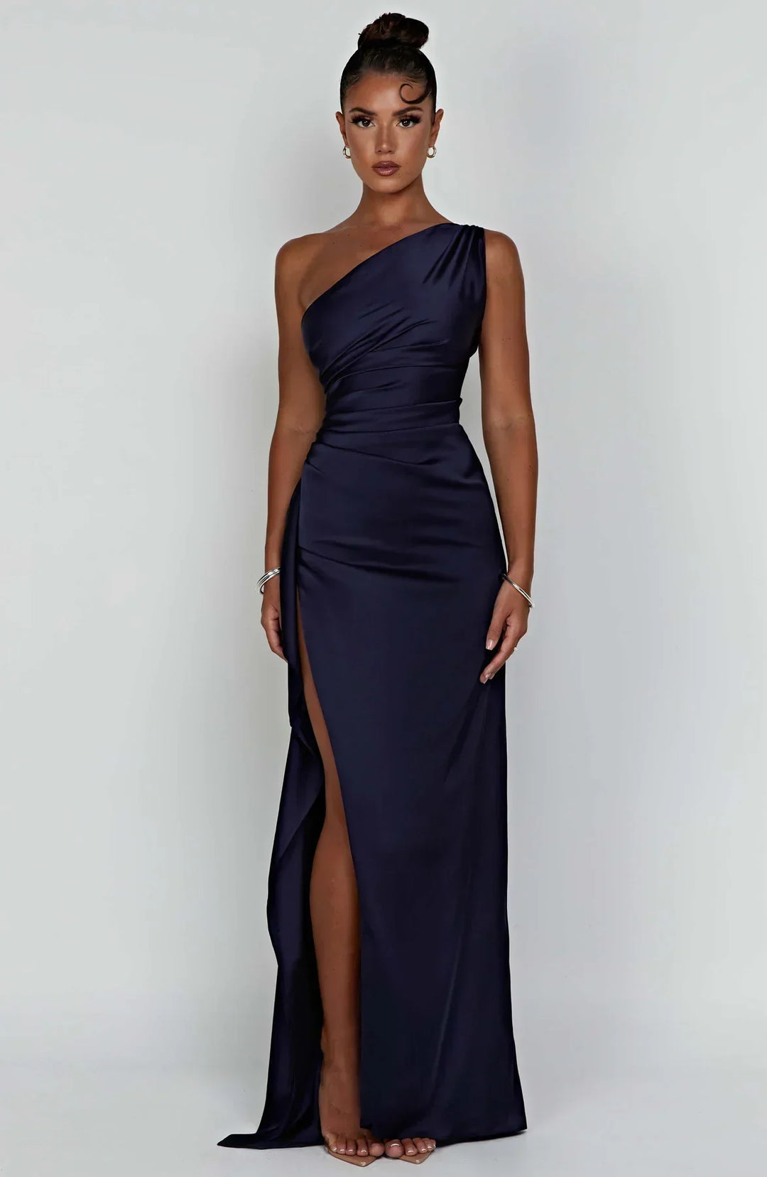 Ruched One Shoulder Satin Maxi Dress - Formal Evening Gown