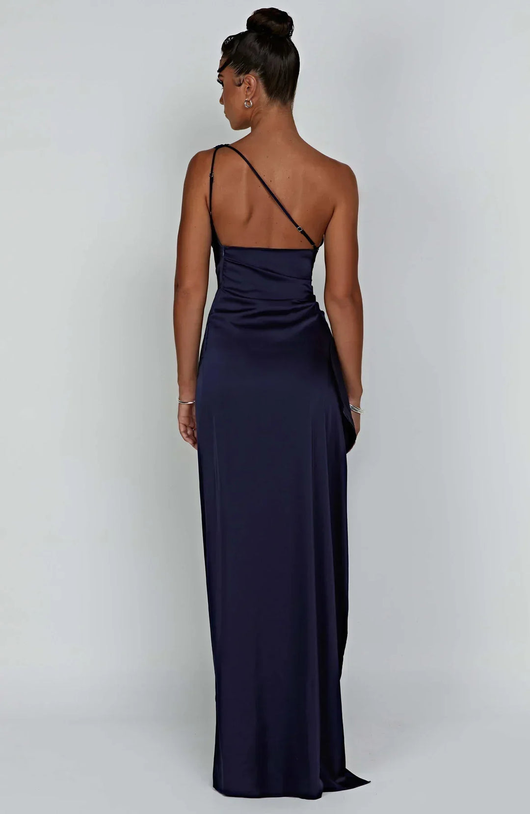 Ruched One Shoulder Satin Maxi Dress - Formal Evening Gown