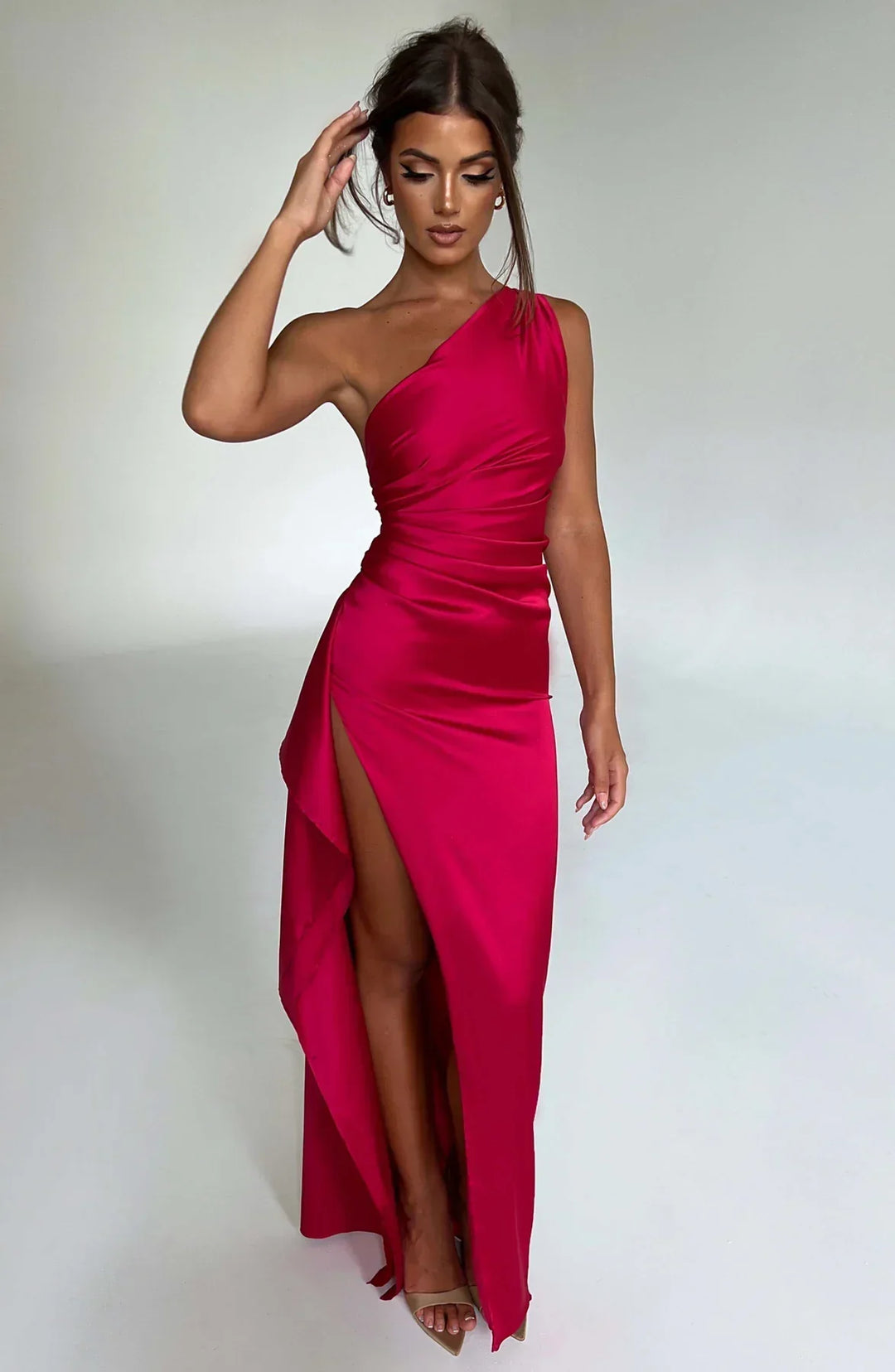 Ruched One Shoulder Satin Maxi Dress - Formal Evening Gown