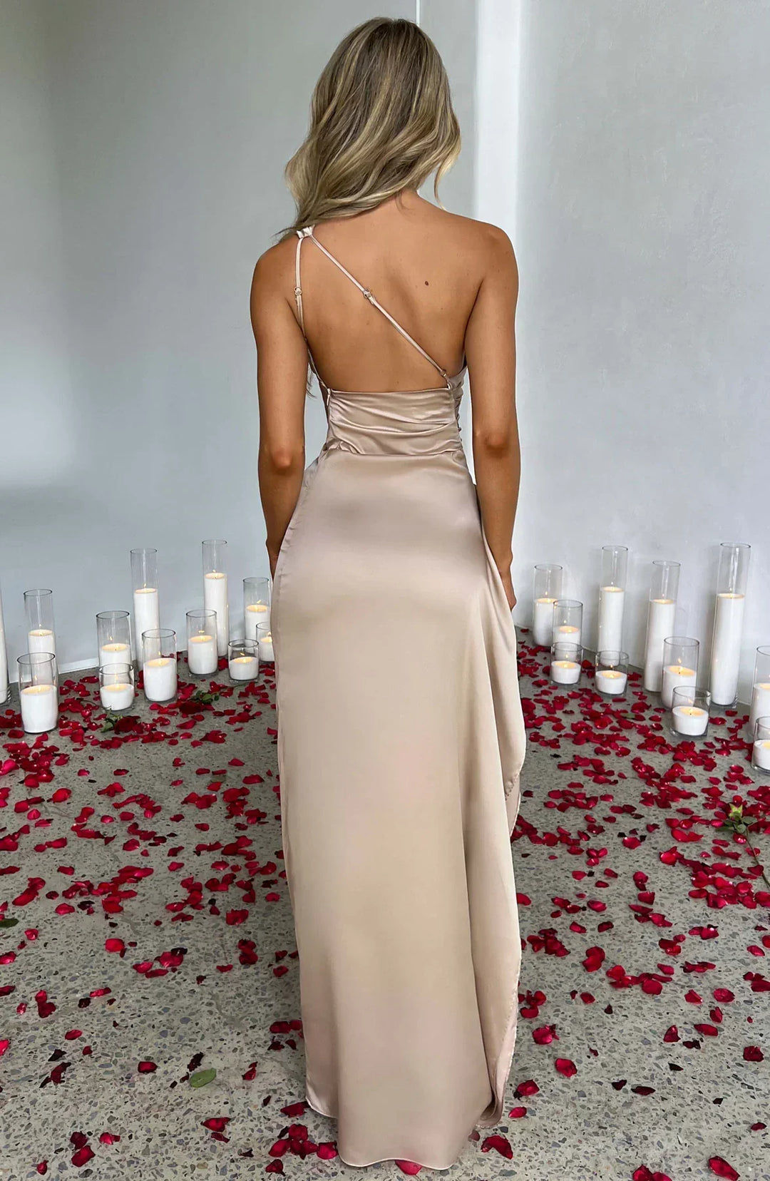 Ruched One Shoulder Satin Maxi Dress - Formal Evening Gown