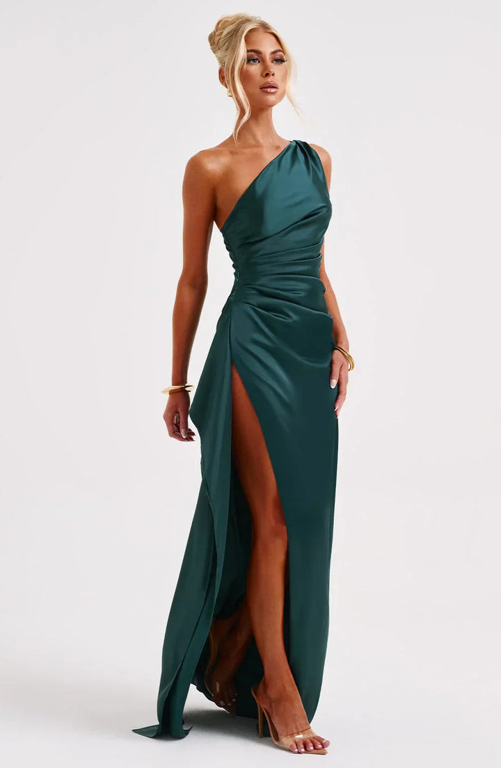 Ruched One Shoulder Satin Maxi Dress - Formal Evening Gown