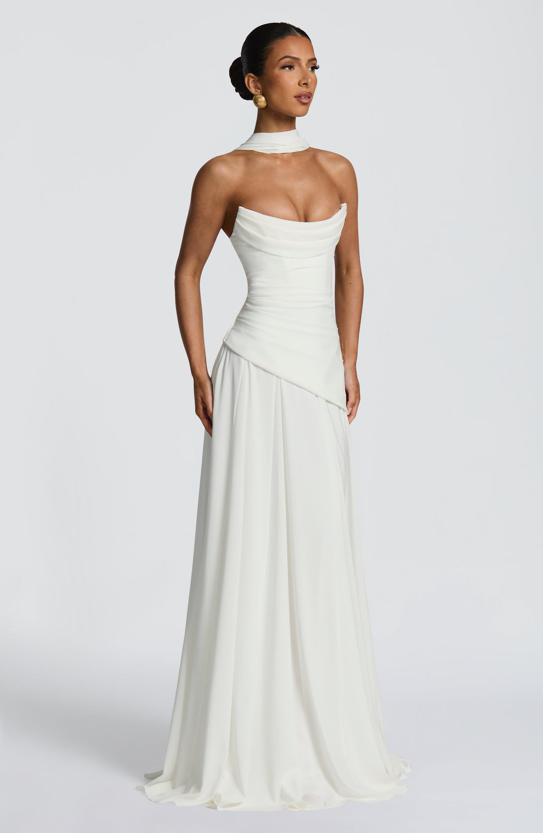 Ruched Halter Neck Maxi Dress - Formal Evening Gown