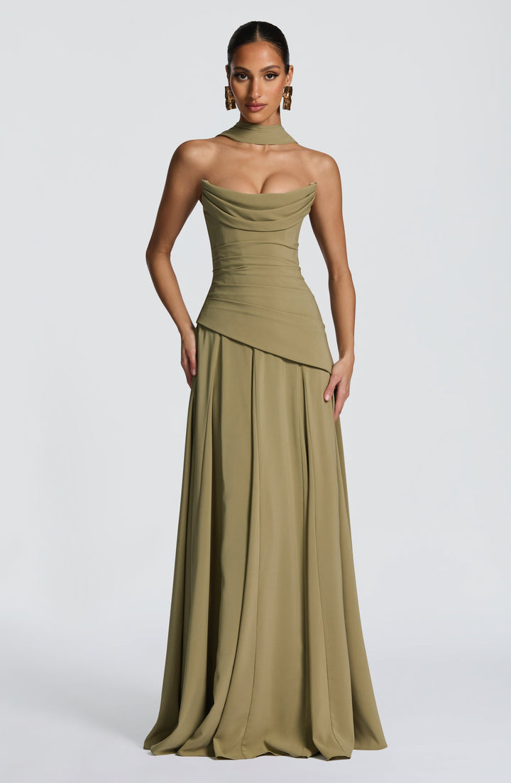 Ruched Halter Neck Maxi Dress - Formal Evening Gown