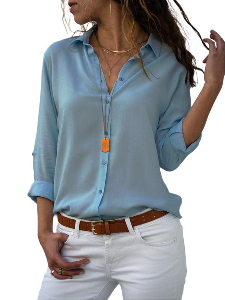 Collared Button Down Roll Sleeve Relaxed Summer Blouse
