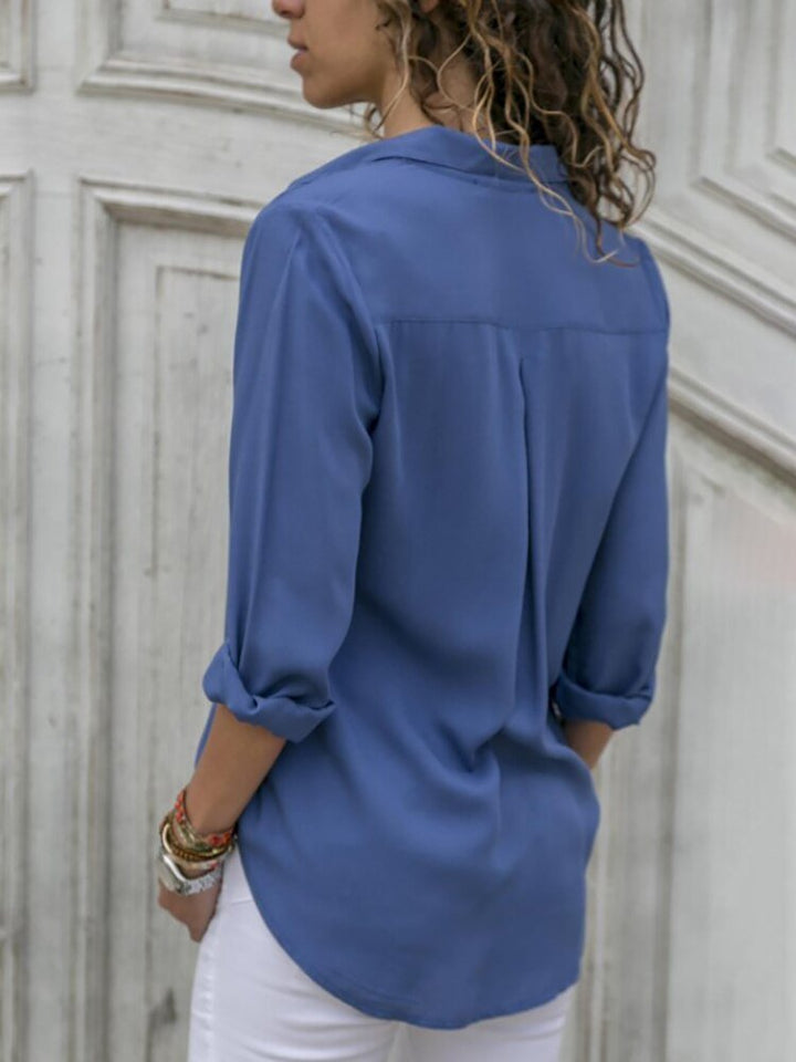 Collared Button Down Roll Sleeve Relaxed Summer Blouse