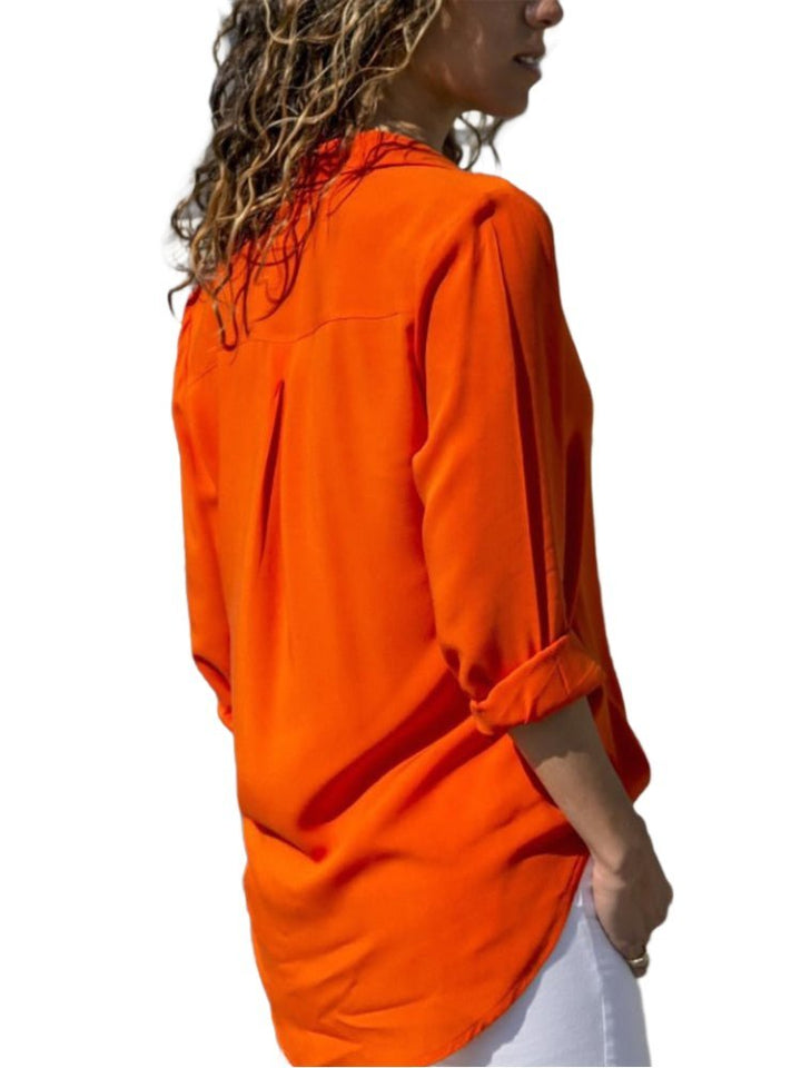Collared Button Down Roll Sleeve Relaxed Summer Blouse
