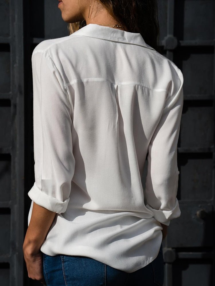 Collared Button Down Roll Sleeve Relaxed Summer Blouse