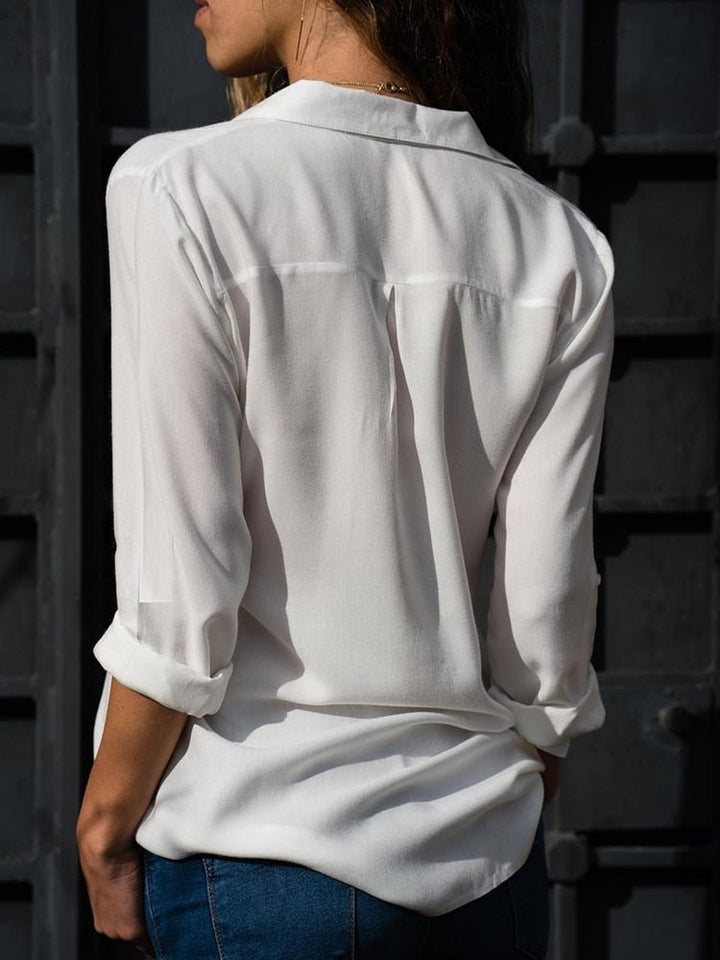 Collared Button Down Roll Sleeve Relaxed Summer Blouse