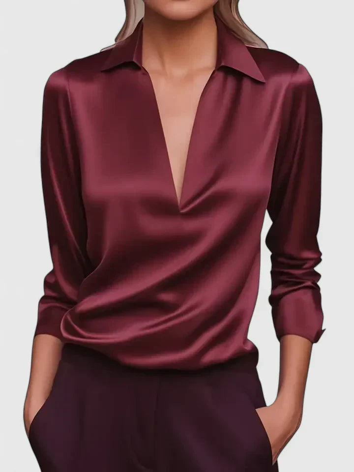 Deep V Collar Draped Satin Long Sleeve Relaxed Fit Blouse