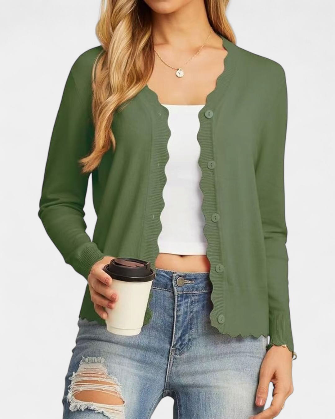 Avril | Women's Scalloped Cropped Knit Button Up Cardigan