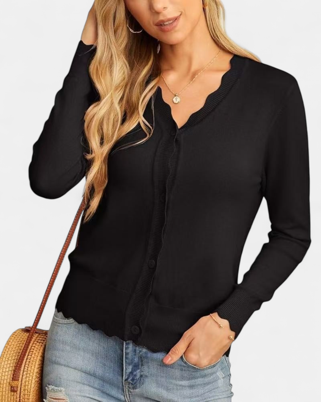 Avril | Women's Scalloped Cropped Knit Button Up Cardigan
