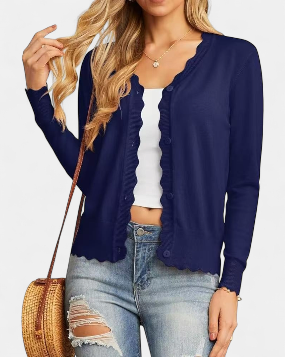 Avril | Women's Scalloped Cropped Knit Button Up Cardigan
