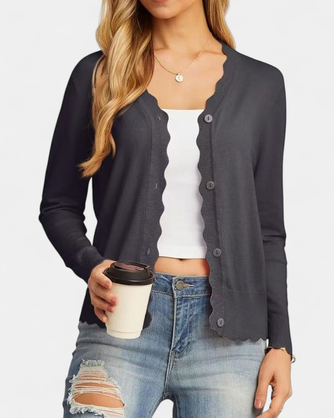 Avril | Women's Scalloped Cropped Knit Button Up Cardigan