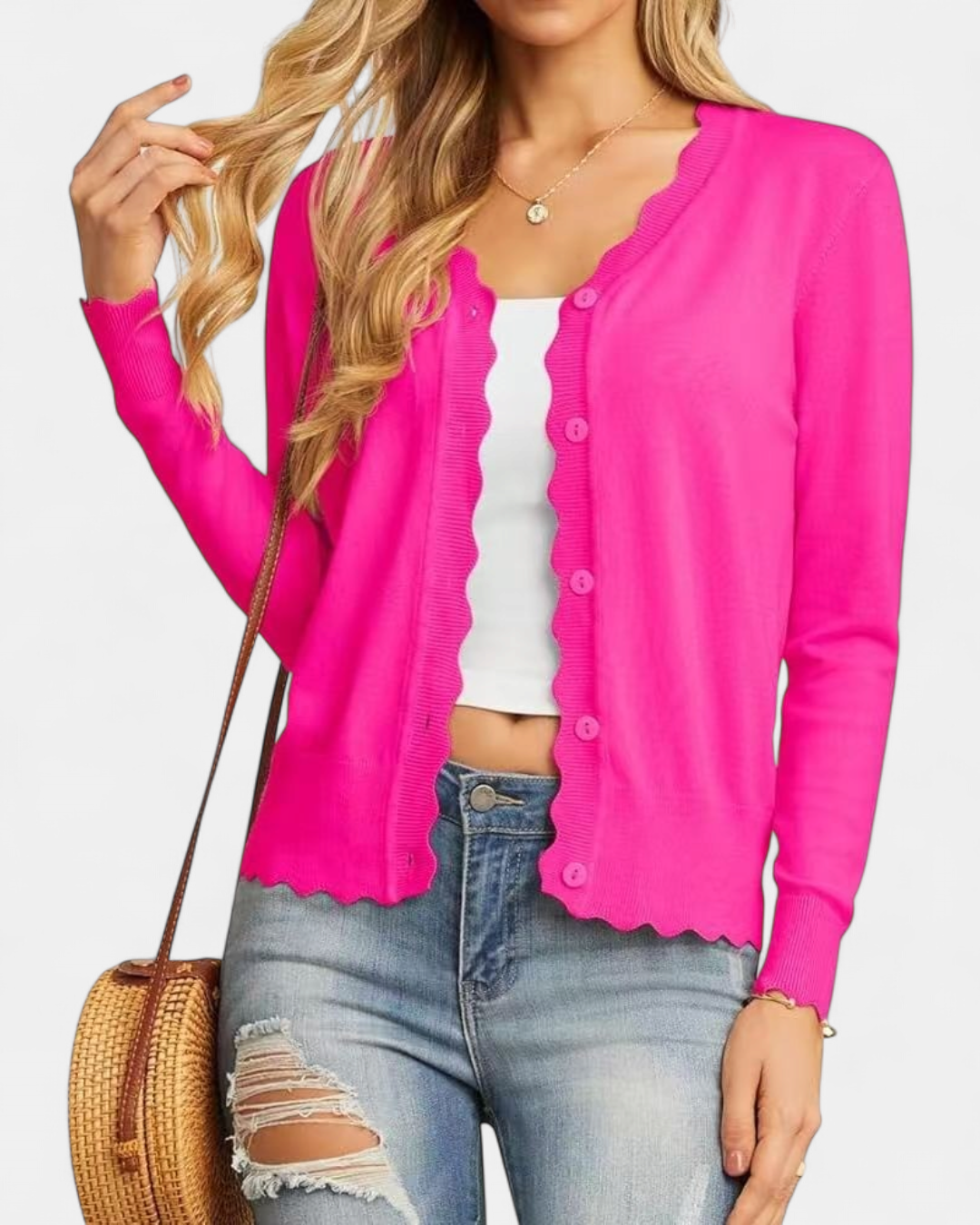 Avril | Women's Scalloped Cropped Knit Button Up Cardigan