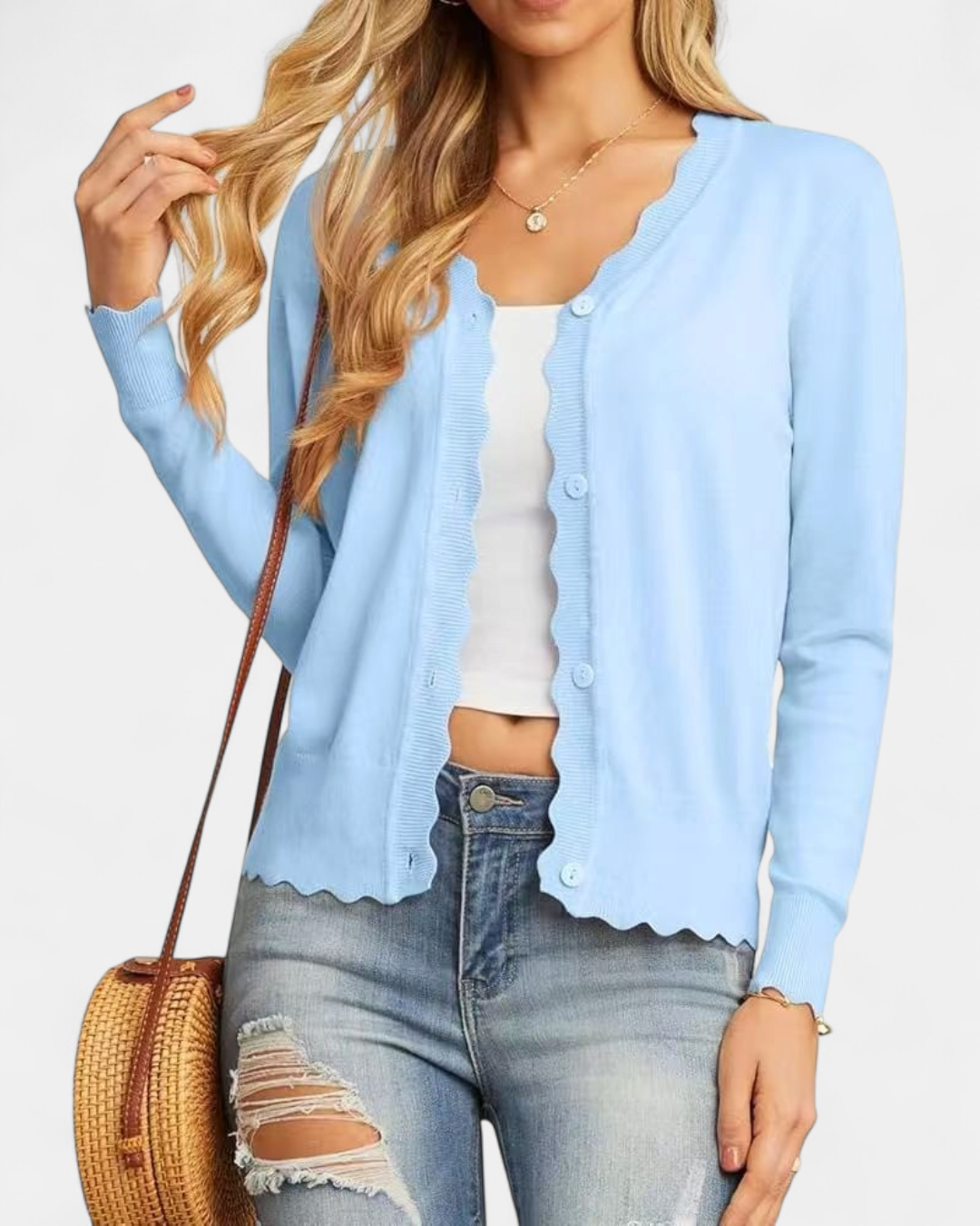 Avril | Women's Scalloped Cropped Knit Button Up Cardigan