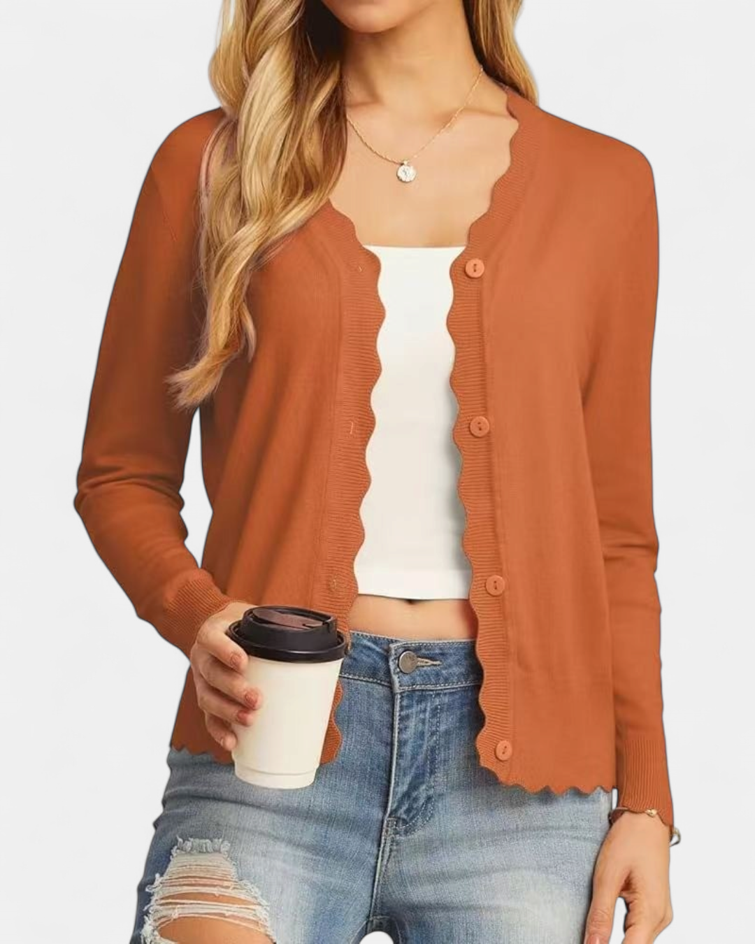 Avril | Women's Scalloped Cropped Knit Button Up Cardigan